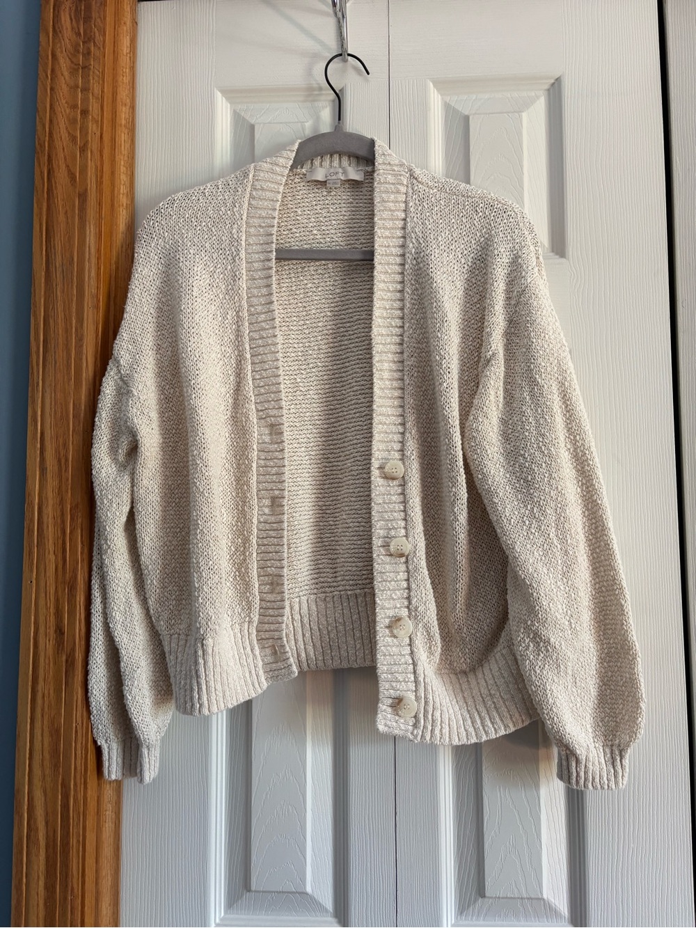 LOFT Cream Knit Button-Front Cardigan
